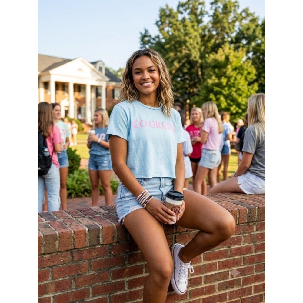 Zutter "Go Greek" Light Blue Distressed Boxy Oversized Cropped Tee Size Small